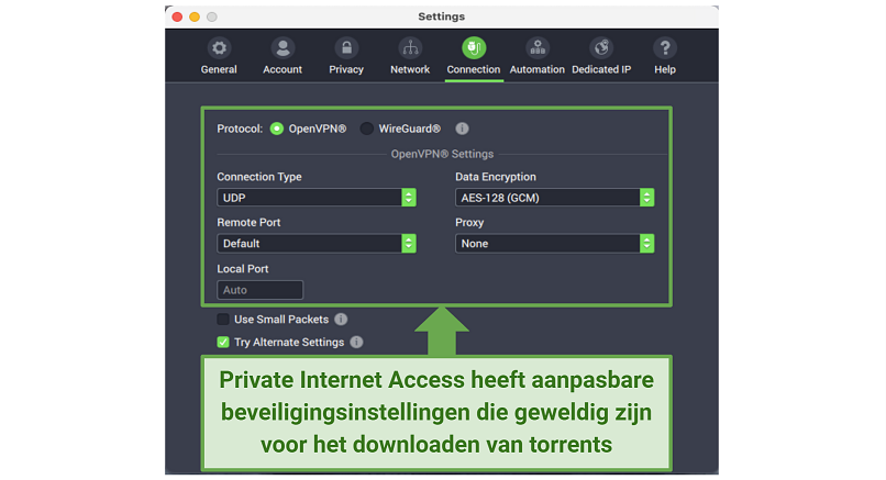 Graphic showing PIA security settings