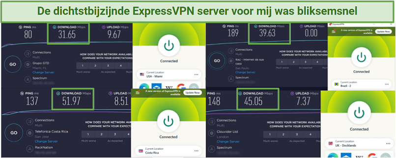 Ookla speedtest showing a result of 51.97 Mbps for ExpressVPN's San Jose server