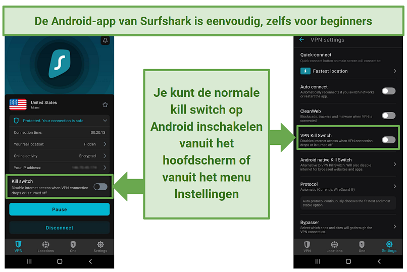 A screenshot of Surfshark's Android app showing the kill switch option on the main screen and in the Settings menu