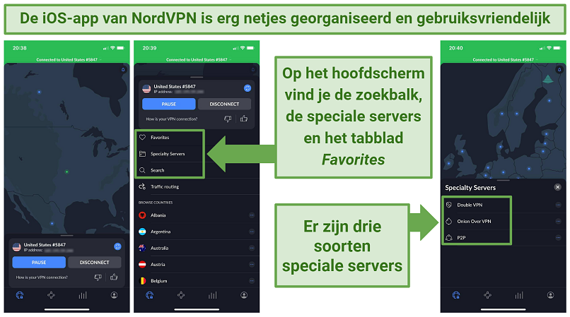 Screenshots of NordVPN's iOS app showing its main screen and the specialty servers