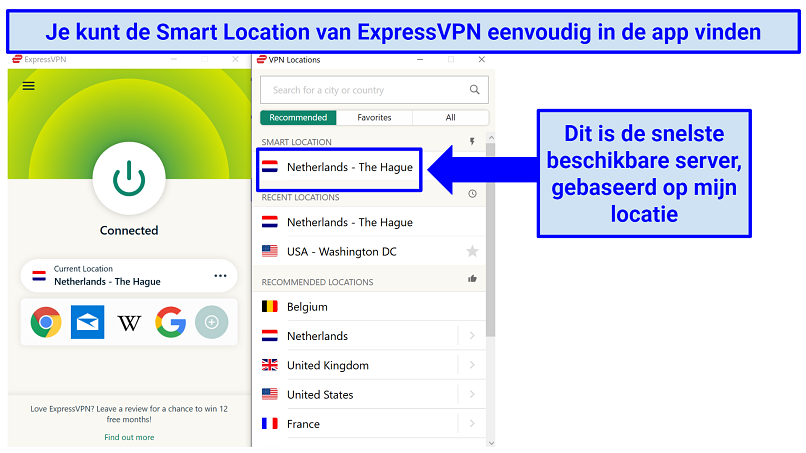 The ExpressVPN app with indication of where to find the Smart Location, for the fastest server available