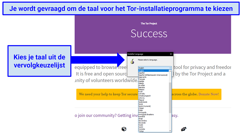 The Tor website prompting a selection of language for the installer tool, with a drop-down list to select from