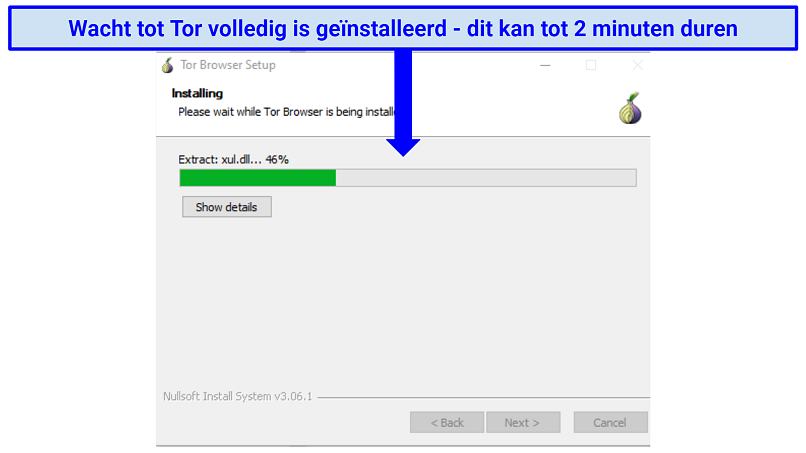 Screenshot of the Tor browser installing on Windows with a progress percentage bar