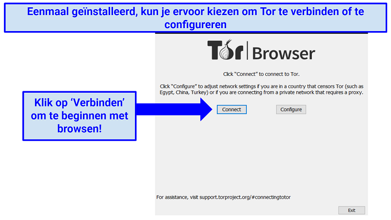 Screenshot of the Tor browser already installed, prompting the user to either connect or configure as the next step