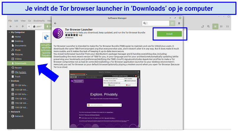 Screenshot showing how to locate the Tor Browser Launcher within Linux under