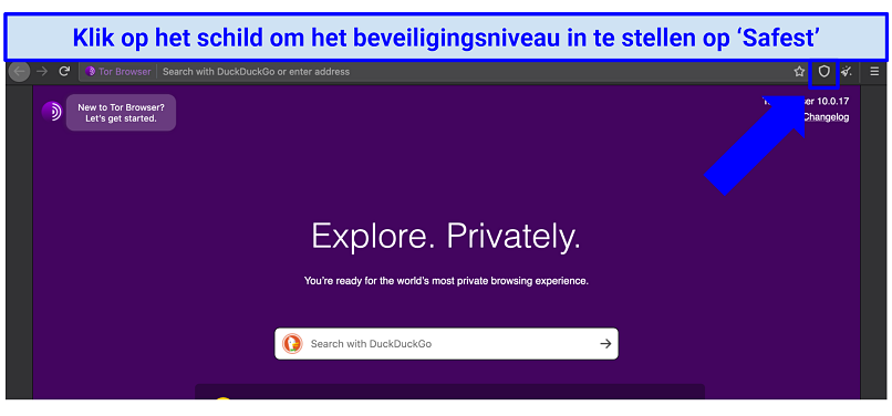 The Tor browser homepage with indication of where to locate the shield icon for adjusting security level preferences