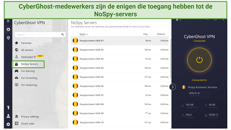 Screenshot showing CyberGhost's list of NoSpy servers in Romania
