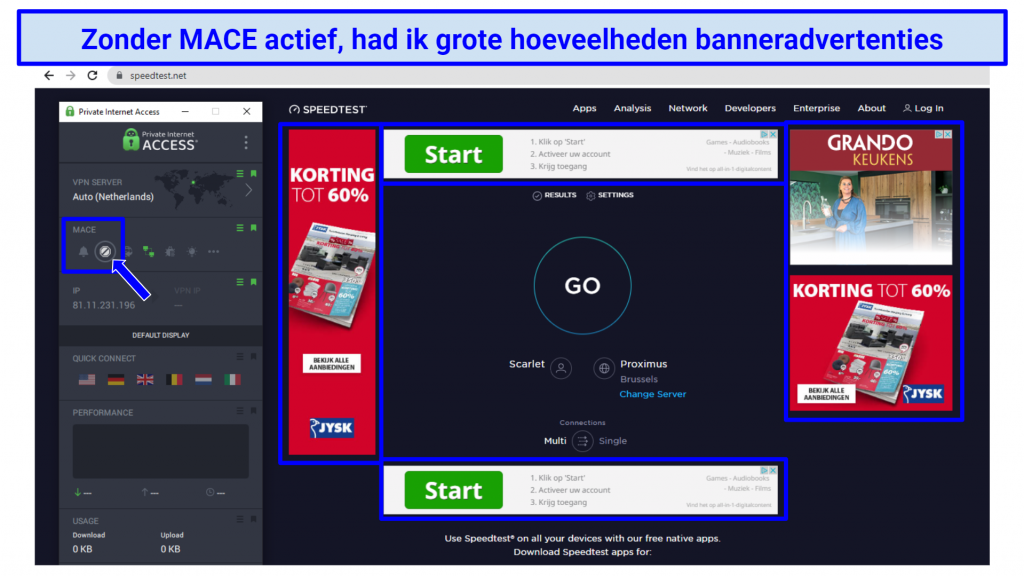 Screenshot showing webpage with ads before Private Internet Access VPN's MACE feature activated