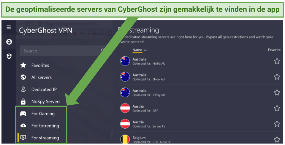 screenshot of CyberGhost's optimized servers in the app