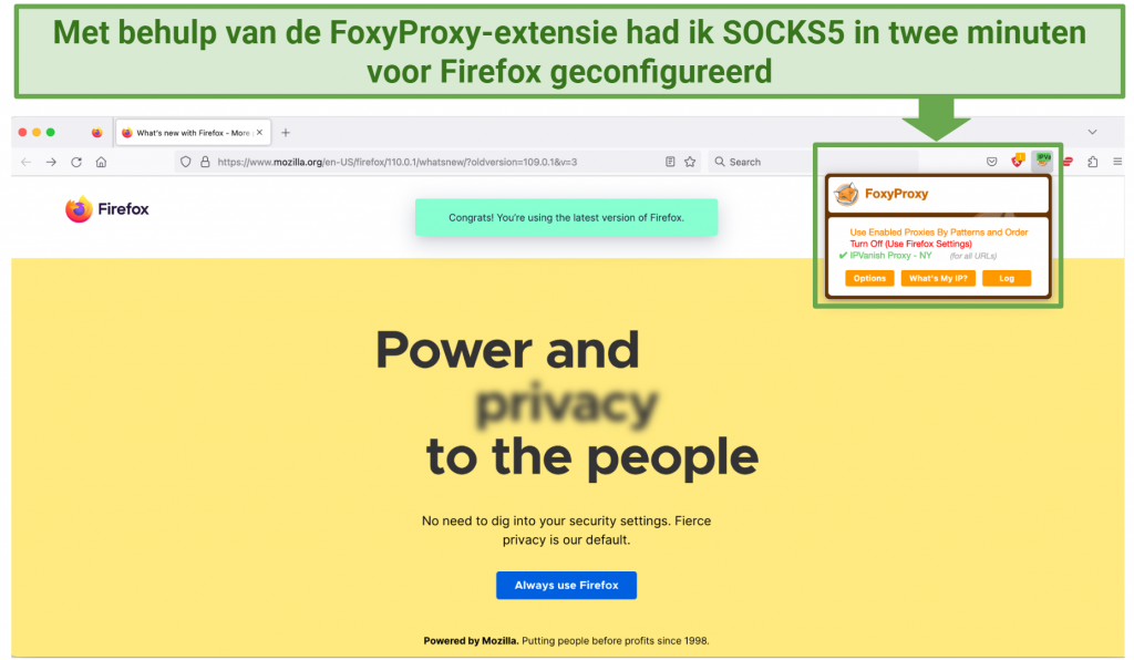 Screenshot showing a Firefox browser connected to a SOCKS5 proxy in New York