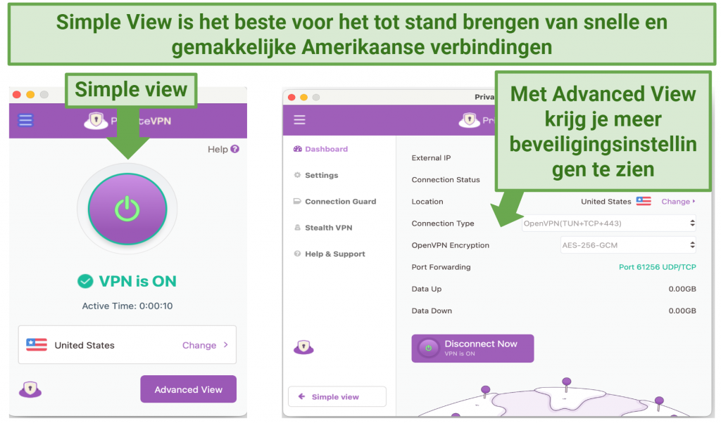 Screenshot showing PrivateVPN's Simple and Advanced views