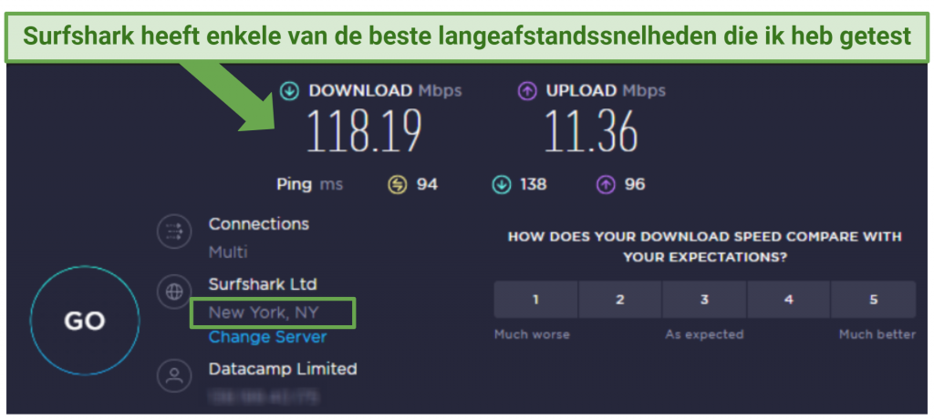 speed test result from Surfshark's New York server