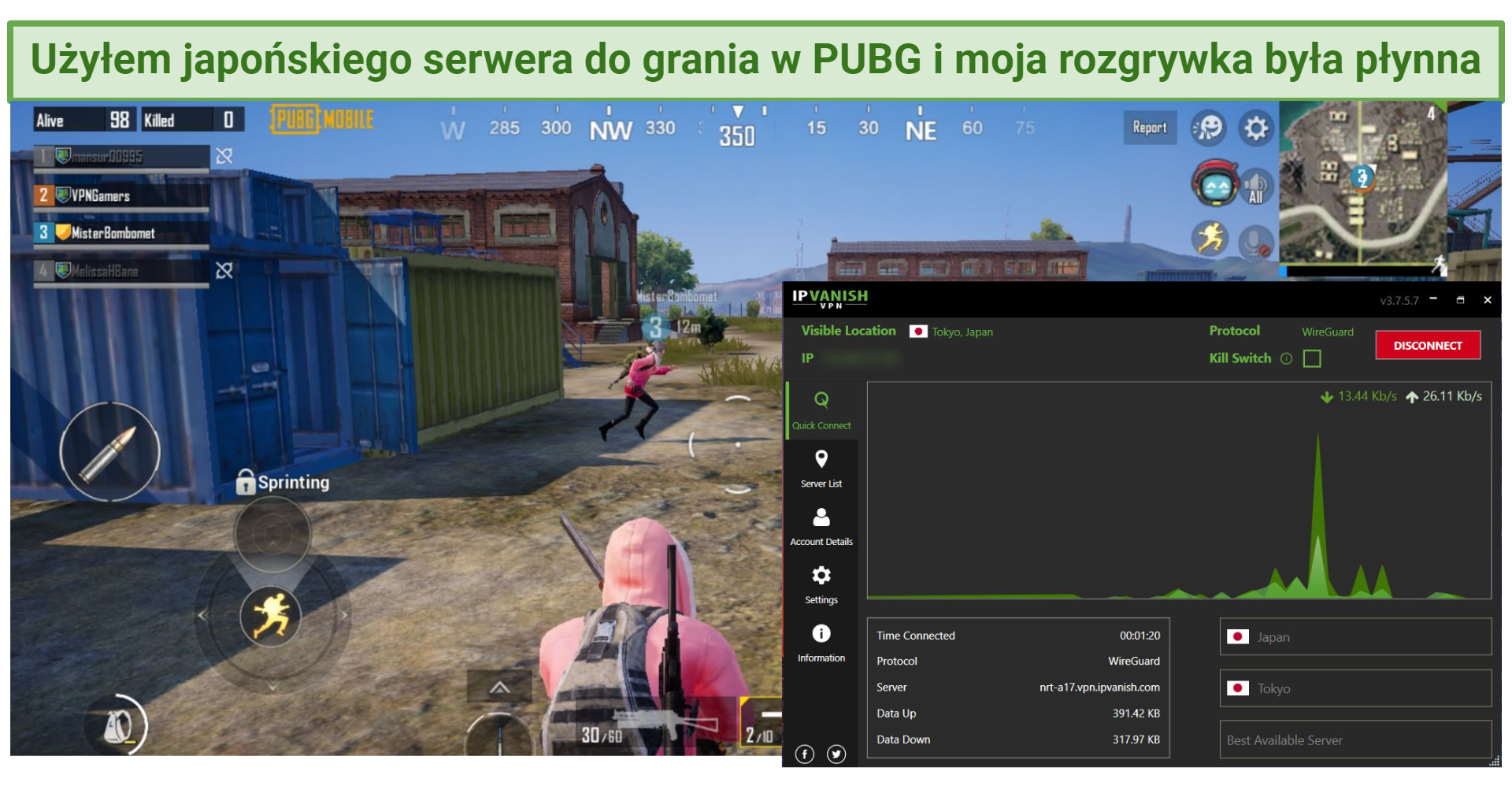 A screenshot of IPVanish working with PUBG Mobile