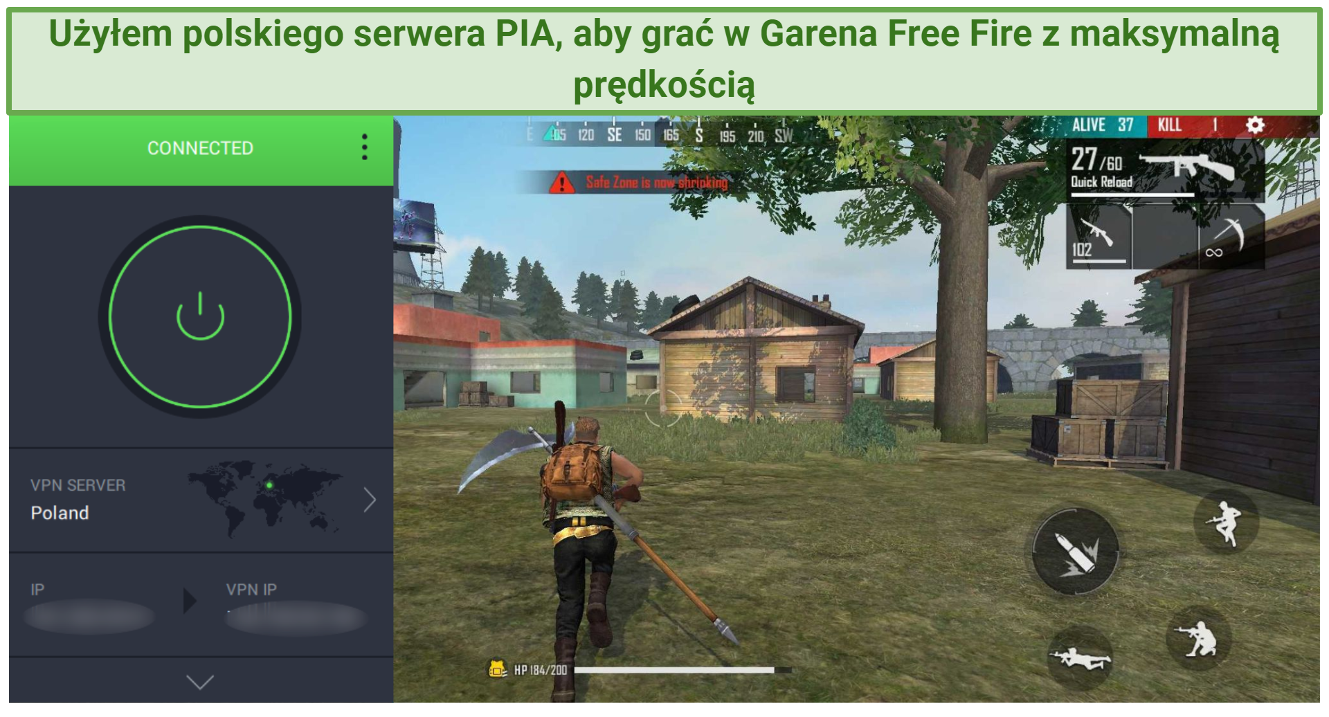 Screenshot of Private Internet Access working with Garena Free Fire