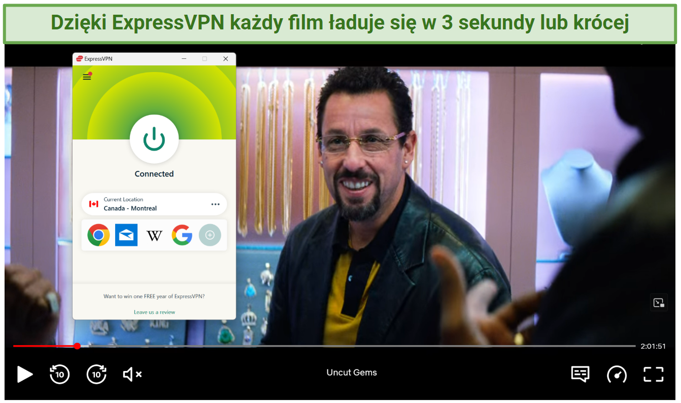 Screenshot of Netflix player streaming Uncut Gems while connected to ExpressVPN's Montreal server