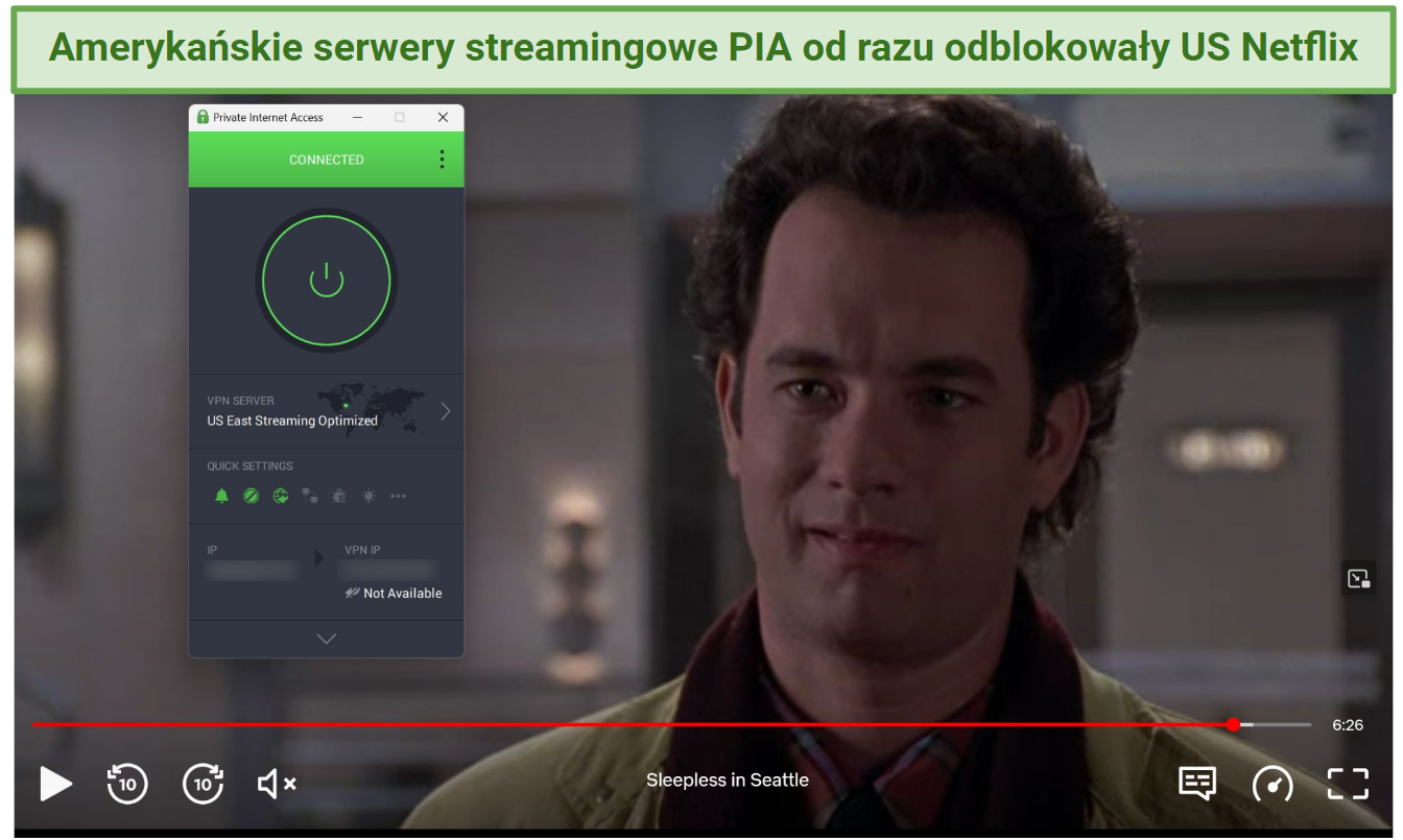 Screenshot of Netflix Player streaming Sleepless in Seattle while connected to PIA's US East Streaming Server