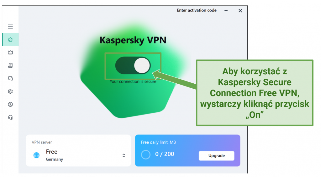 Screenshot showing Kaspersky Secure Connection Free User Interface