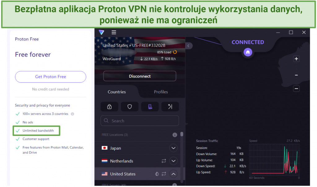 Screenshot of Proton VPN's free Windows app next to a screenshot of the free plan details from its website