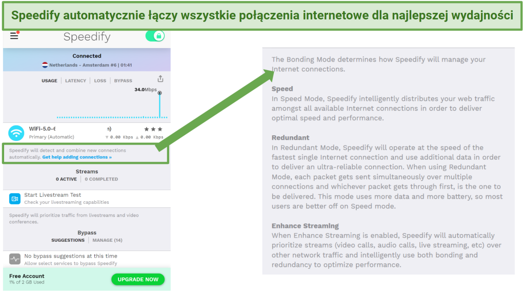 Screenshot showing bonding mode on Speedify's free VPN app