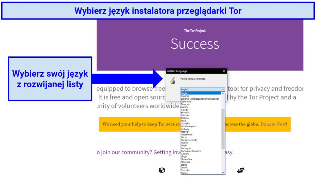 Instructions displaying how to select Tor's language preference