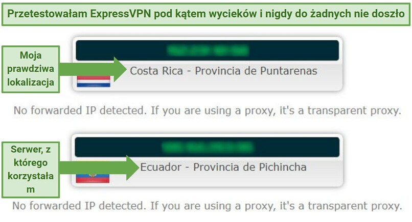 Leak test results showing that ExpressVPN successfully concealed my real IP address and location