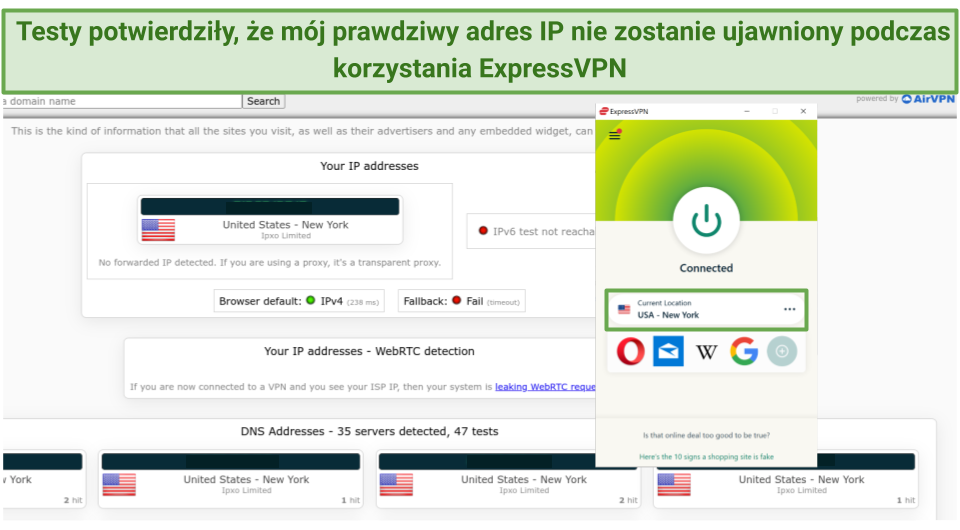 Screenshot of ExpressVPN passing leak tests connected to New York server