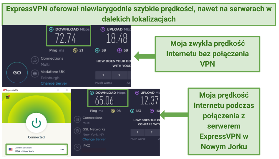 Screenshots of ExpressVPN's speed tests