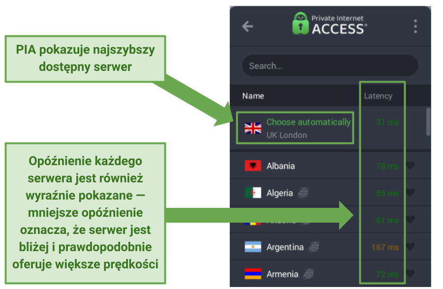 Screenshot of PIA's app showing server latency