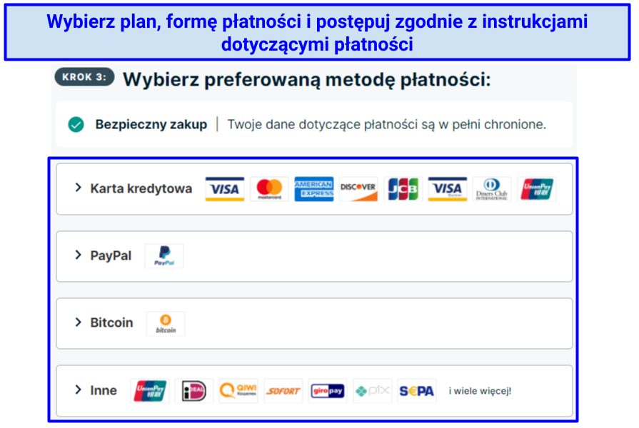 Screenshot of ExpressVPN's payment method options