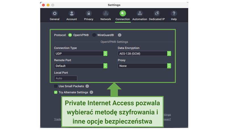 Graphic showing PIA security settings