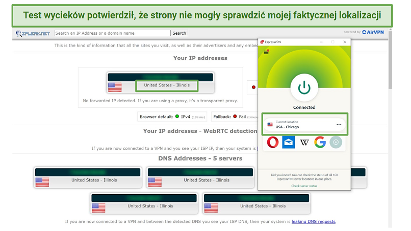 Screenshot of a leak test performed on ipleaknet while connected to ExpressVPN's Chicago server