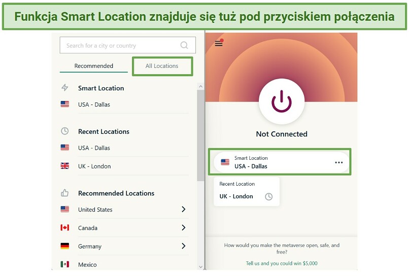 Screenshot of ExpressVPN app showing where to find Smart Location and server list