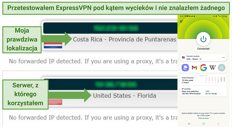 Leak test results showing ExpressVPN does not reveal user IP