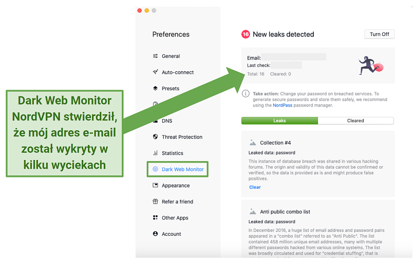 Screenshot of NordVPN's macOS app highlighting the Dark Web Monitor feature 