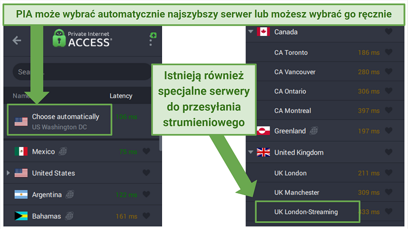 PIA's Windows app displaying different server options