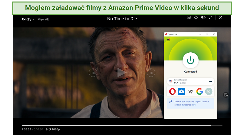 Screenshot of Amazon Prime Video player streaming No Time to Die while connected to ExpressVPN 