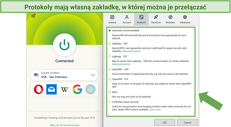 Screenshot showing protocols tab in ExpressVPN app for Windows