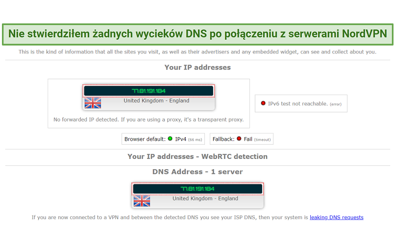 A screenshot of NordVPN's DNS leak tests