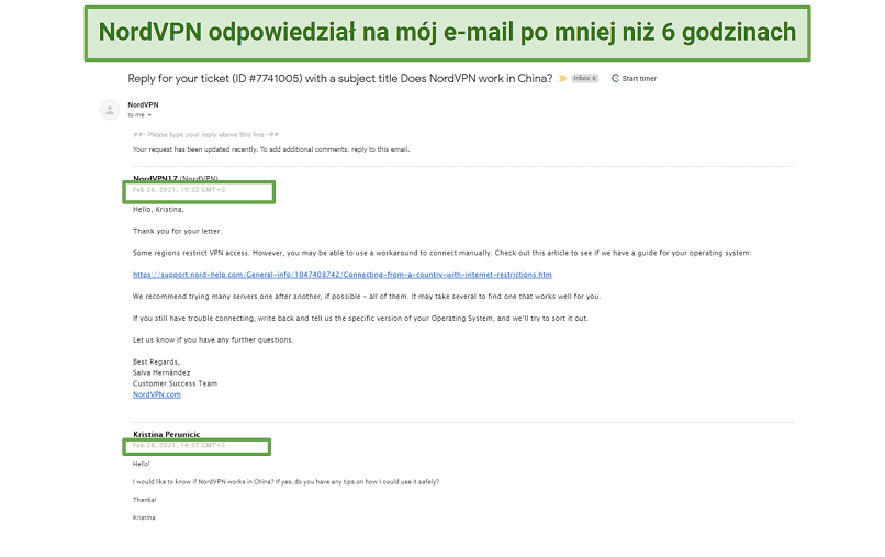 A screenshot of NordVPN's reply after sending a question to customer support