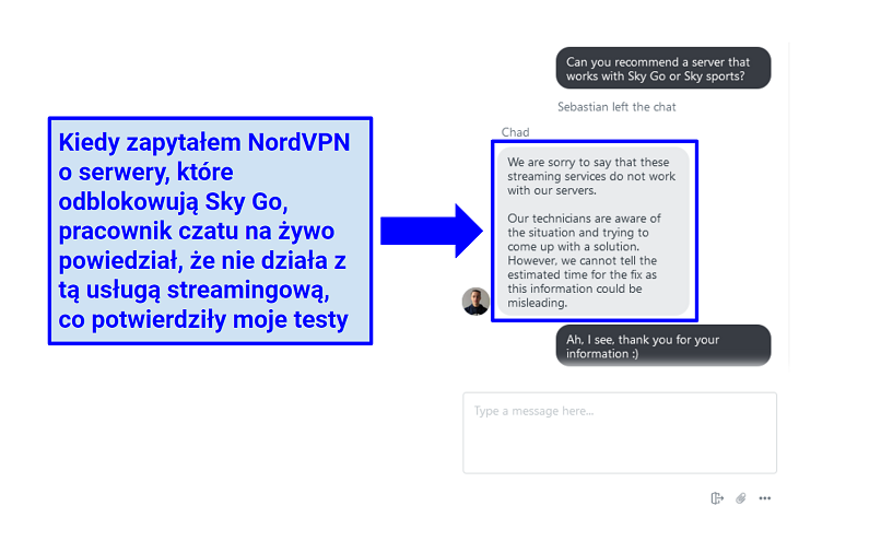 A screenshot of NordVPN live chat rep explaining that NordVPN doesn't work with SkyGO