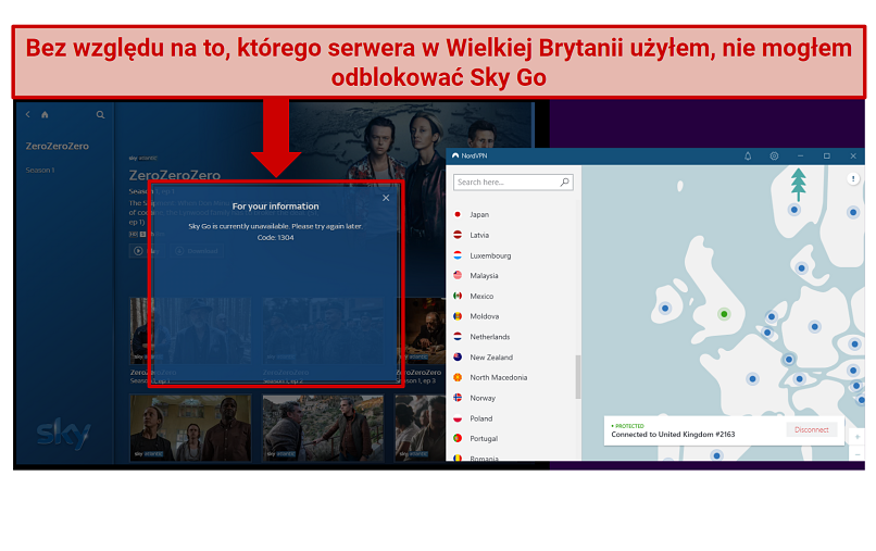 A screenshot of NordVPN not being able to unblock SkyGo