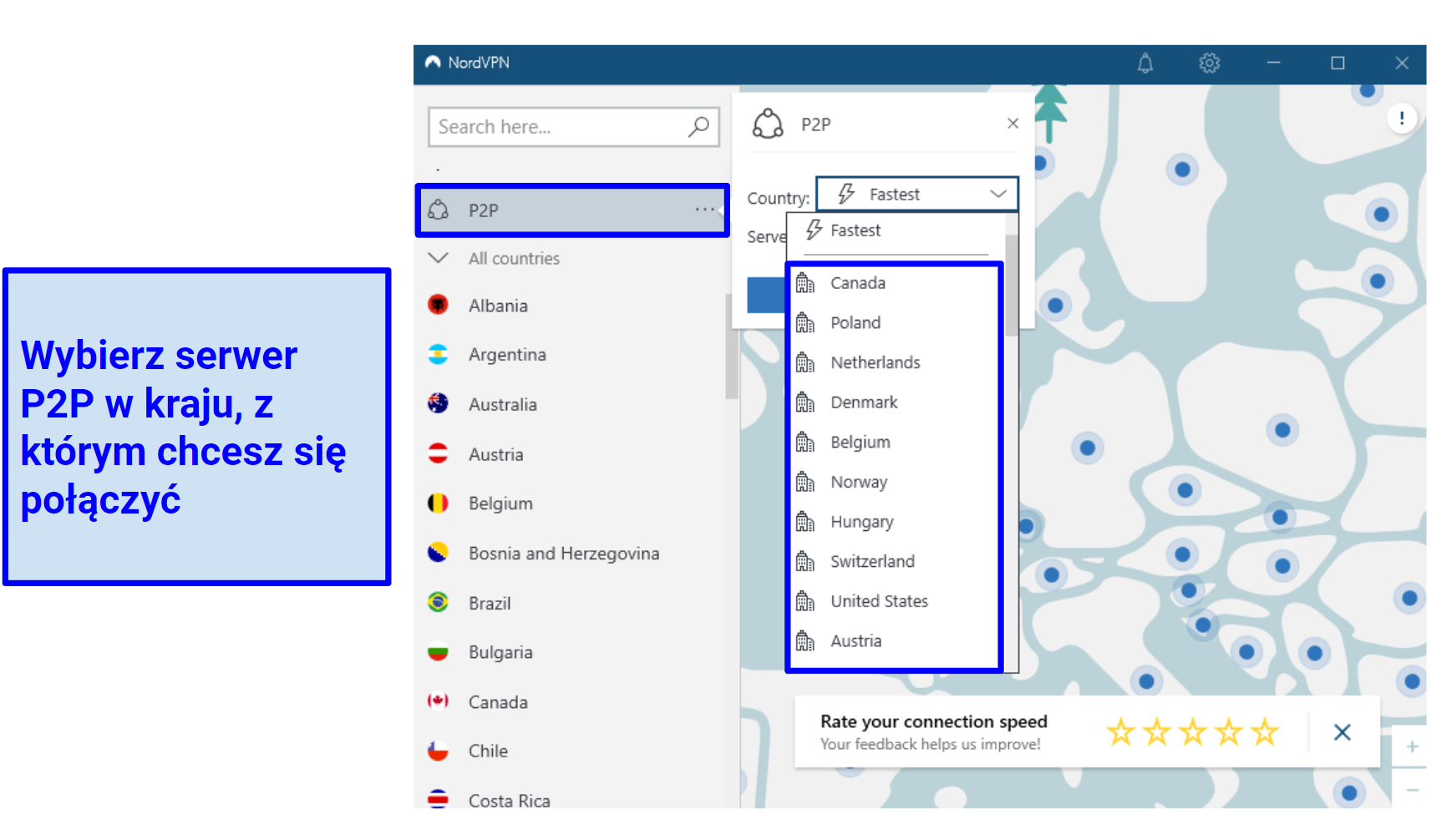 A screenshot of NordVPN's P2P server network