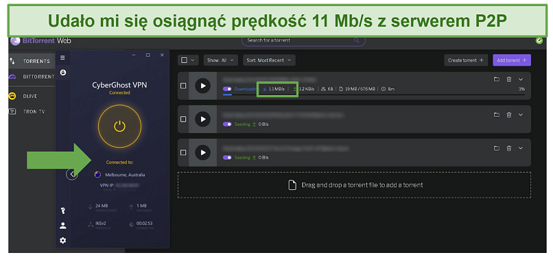 Screenshot of Bit Torrent downloading files while connected to CyberGhost