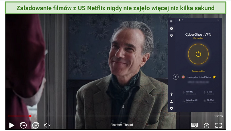 Screenshot of Netflix player streaming Phantom Thread while connected to CyberGhost VPN