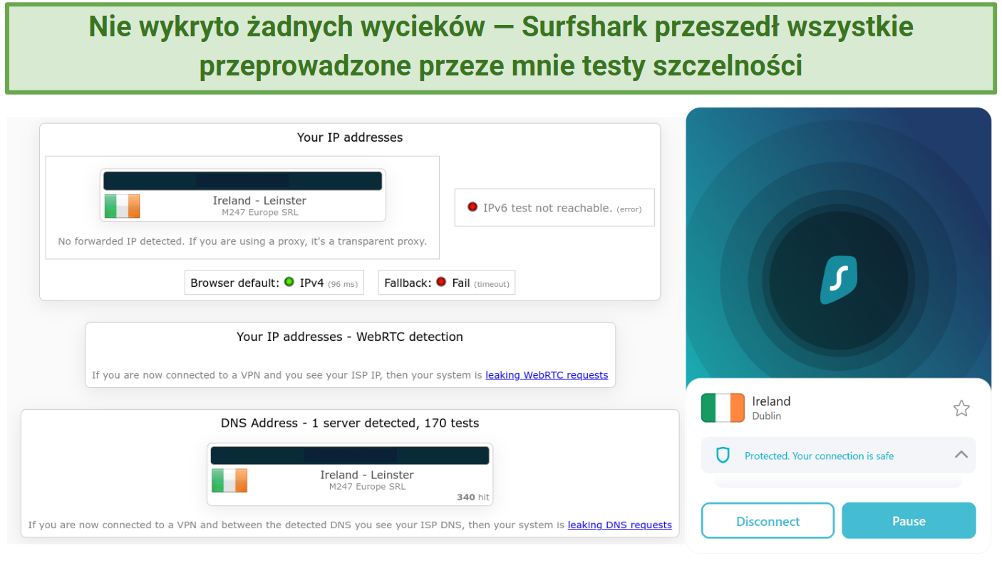 Screenshot showing Surfshark doesn't leak IP, DNS, or IPv6 data.