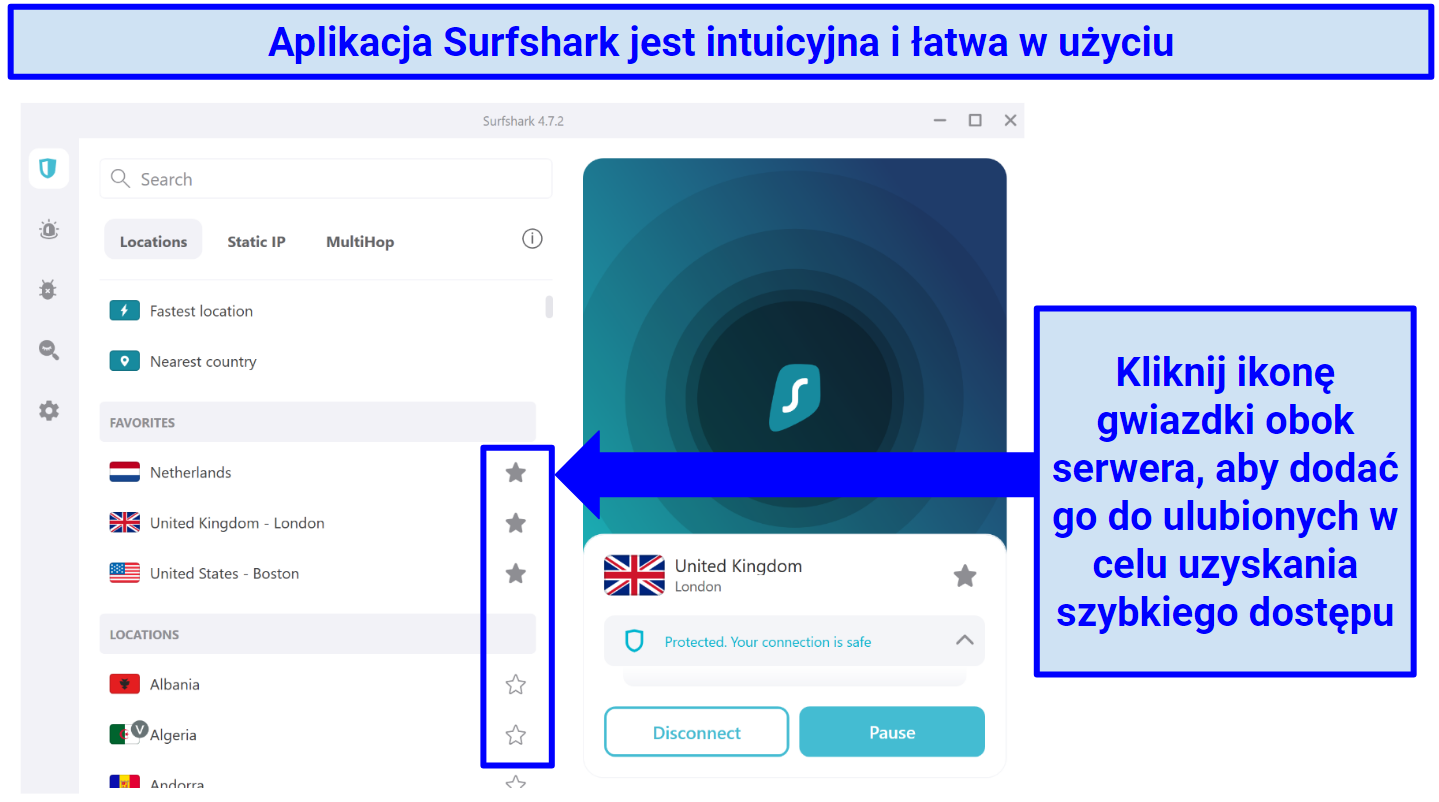 Screenshot showing how to save servers as favorites on Surfshark