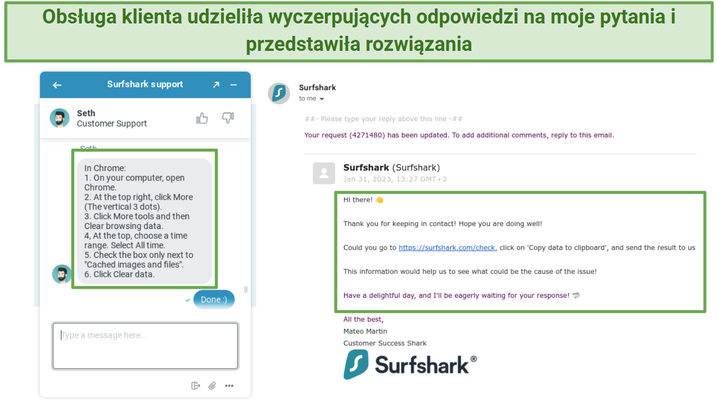 Screenshot showing conversation on Surfsharks live chat and email ticketing system