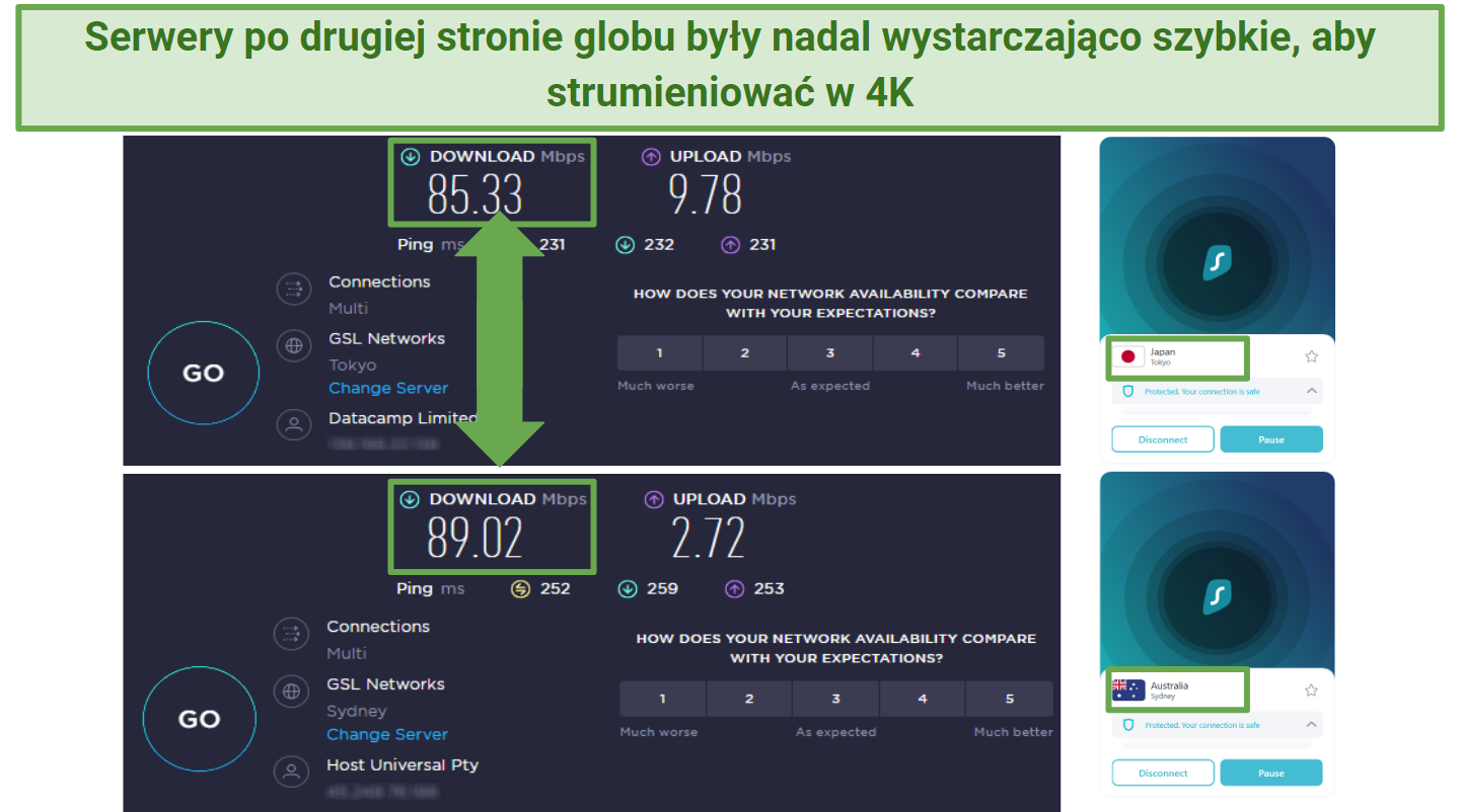 Screenshots of Ookla speed tests done while connected to Surfshark servers in Japan and Australia