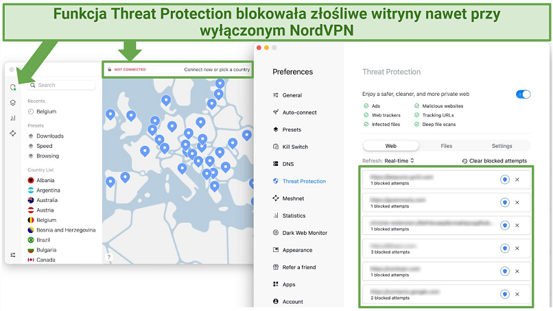 Screenshot of NordVPN's interface and how to switch on Threat Protection.