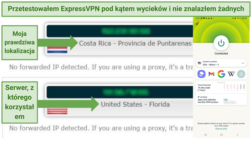 Leak test results showing that ExpressVPN effectively masked my IP address